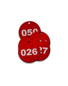 Pre-Marked Tag-Round 026-050 1-1/2" Anodized Aluminum Red 25 Pack