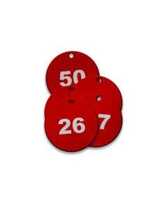 Pre-Marked Tag-Round 26-50 1-1/4" Anodized Aluminum Red 25 Pack